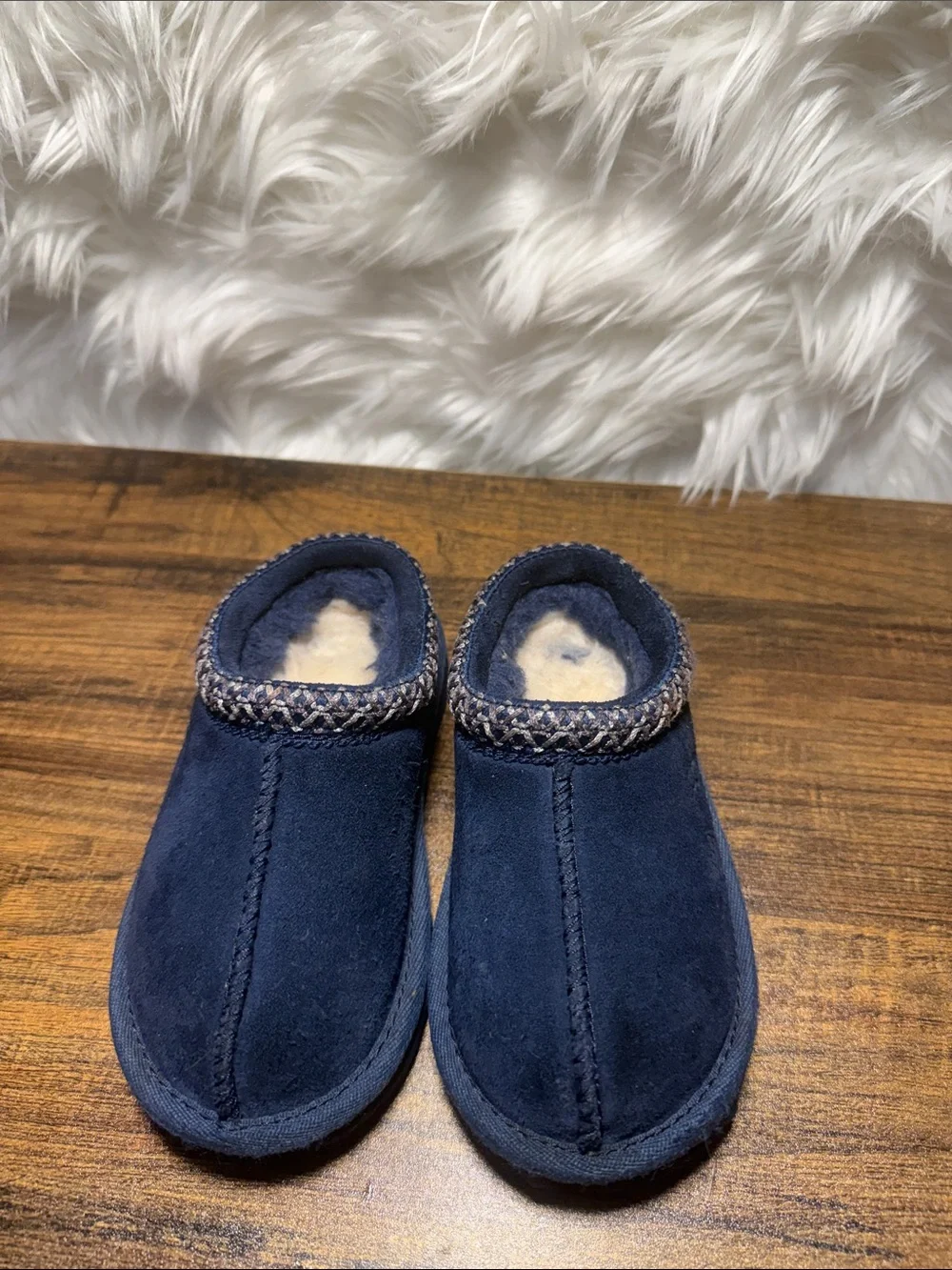 UGG Navy Blue Kids Suede Shearling Slippers